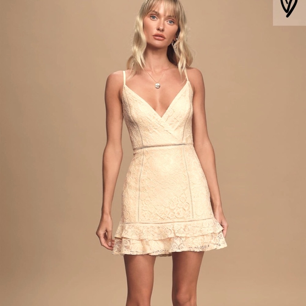 Lulus Beige Lace Ruffle Mini Dress - Picture 2 of 6
